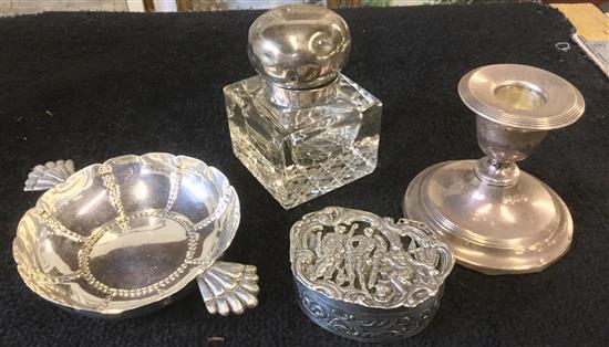 Silver candlestick, silver quaiche, silver box and silver top square glass inkwell